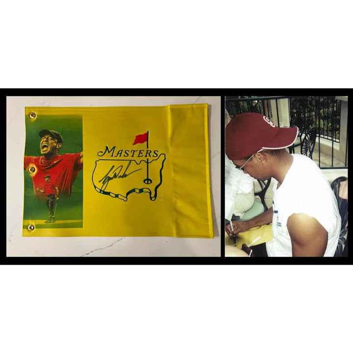 Tiger Woods portrait Masters one-of-a-kind flag signed with proof