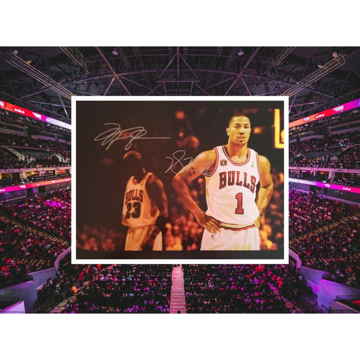 Michael Jordan and Derrick Rose Chicago Bulls 11 by 14 photo signed