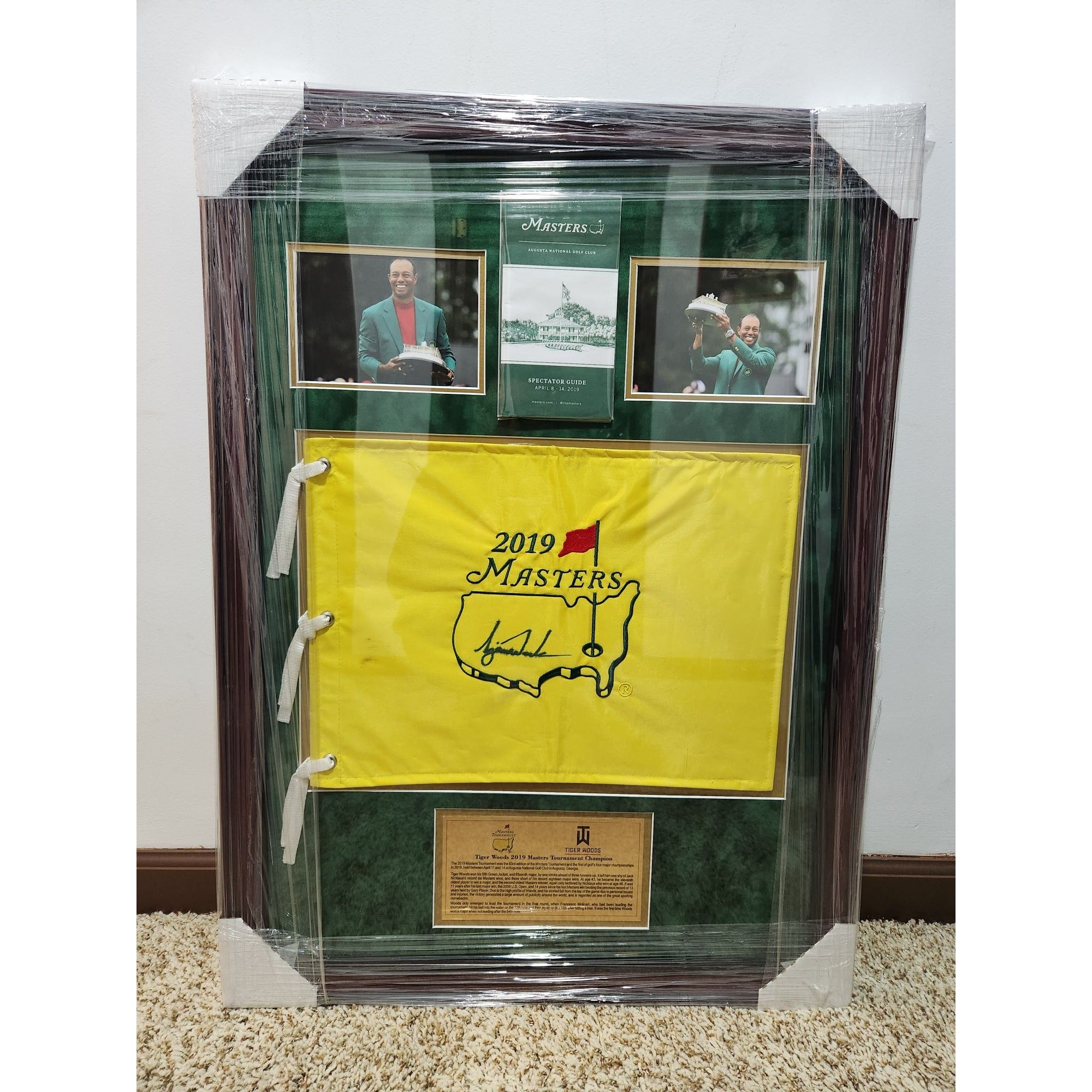 Tiger Woods 2019 Masters golf pin flag signed and framed 33x26 with proof
