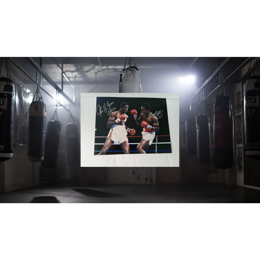 Sugar Ray Leonard and Thomas Hearns 11 by 14 photo signed with proof - Awesome Artifacts 