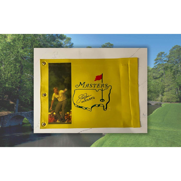 Jack Nicklaus the Golden Bear signed and inscribed Masters pin flag with proof