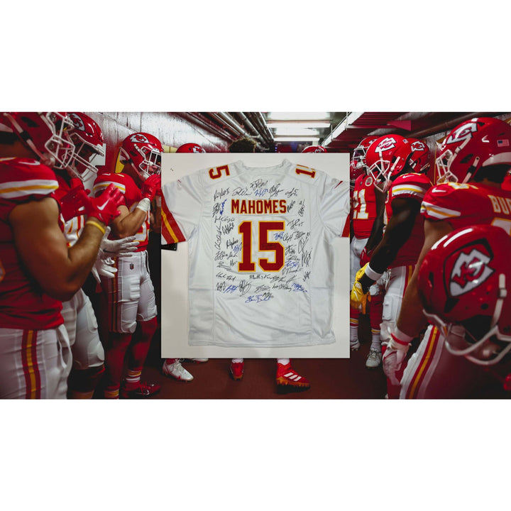 Patrick Mahomes Andy Reid Travis Kelce 2022-23 Kansas City Chiefs authentic Patrick Mahomes jersey signed with proof