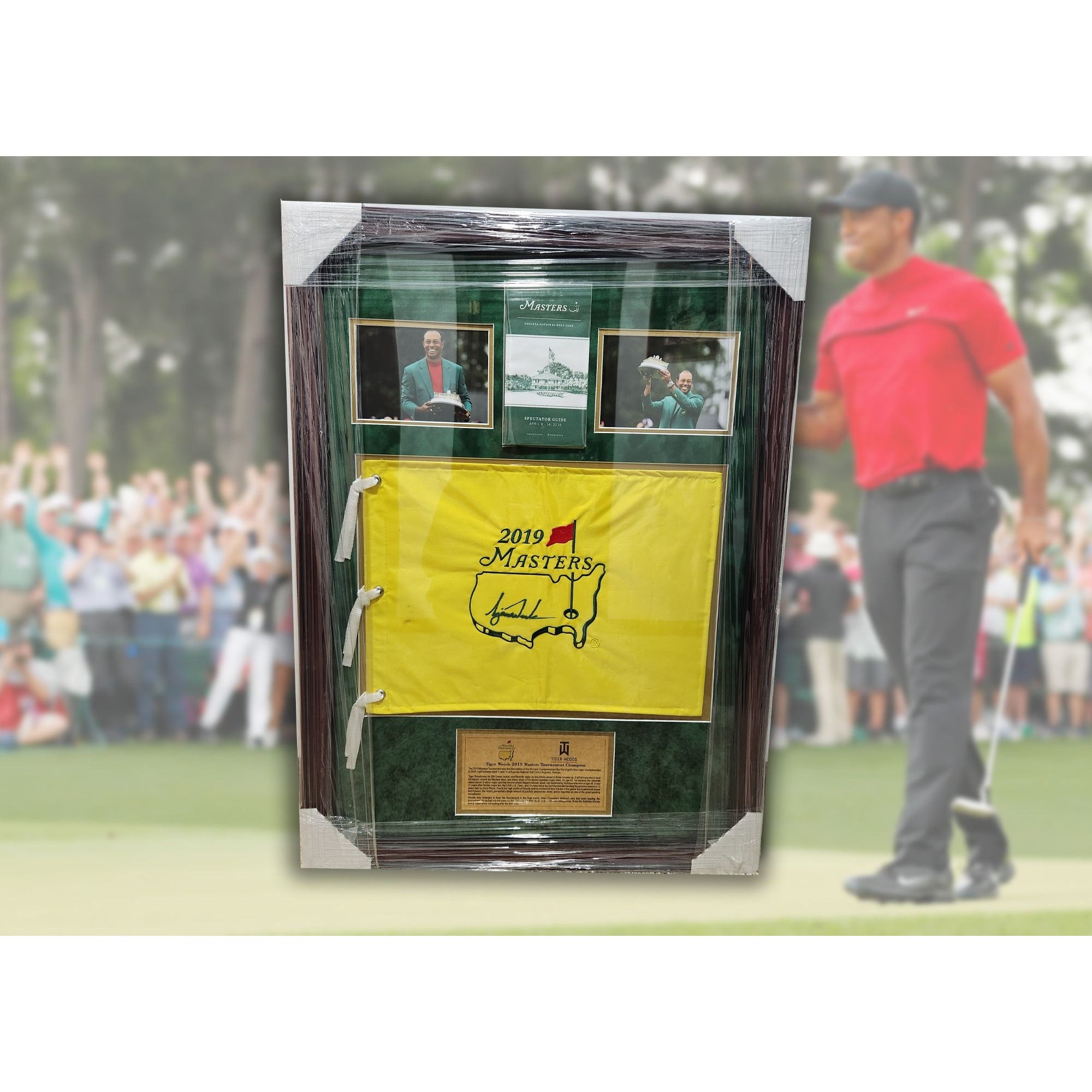 Tiger Woods 2019 Masters golf pin flag signed and framed 33x26 with proof