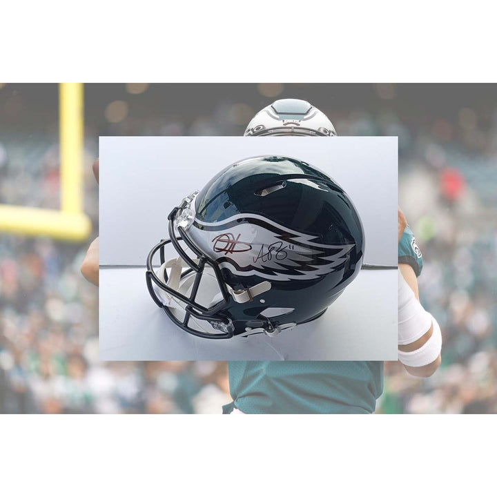 Jalen Hurts AJ Brown Philadelphia Eagles Riddell speed authentic pro model helmet signed with proof and free acrylic case