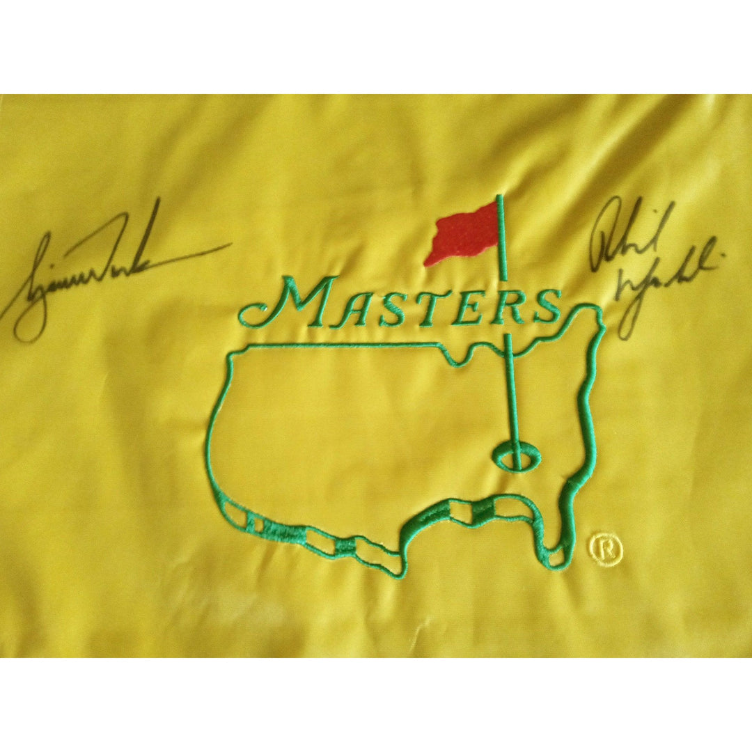 Tiger Woods and Phil Mickelson Masters golf flag signed with proof - Awesome Artifacts 