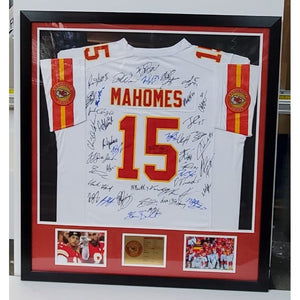 Patrick Mahomes Andy Reid Travis Kelce 2022 team signed and framed jersey signed with proof