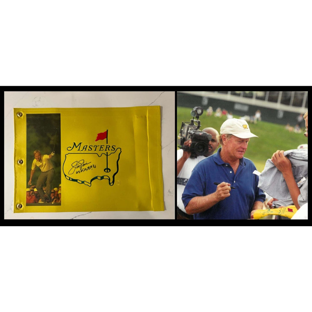 Jack Nicklaus the Golden Bear signed and inscribed Masters pin flag with proof