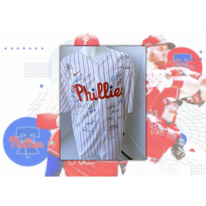 Bryce Harper, Kyle Schwarber, Aaron Nola, 2022 Philadelphia Phillies team signed jersey with proof