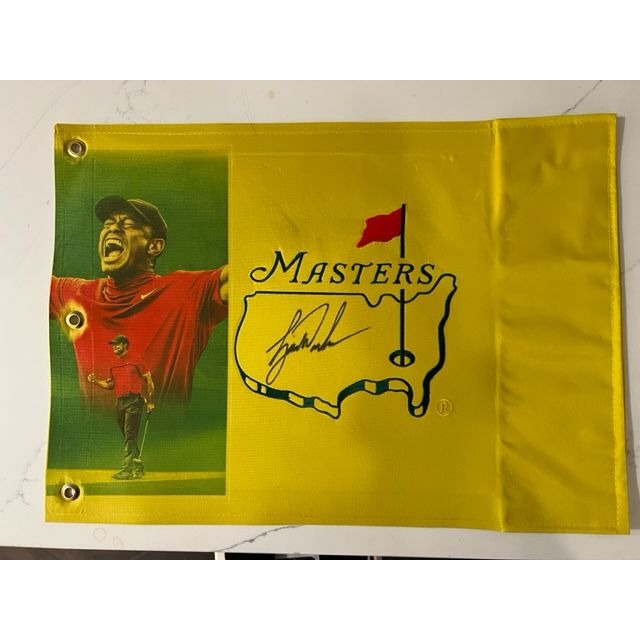 Tiger Woods portrait Masters one-of-a-kind flag signed with proof