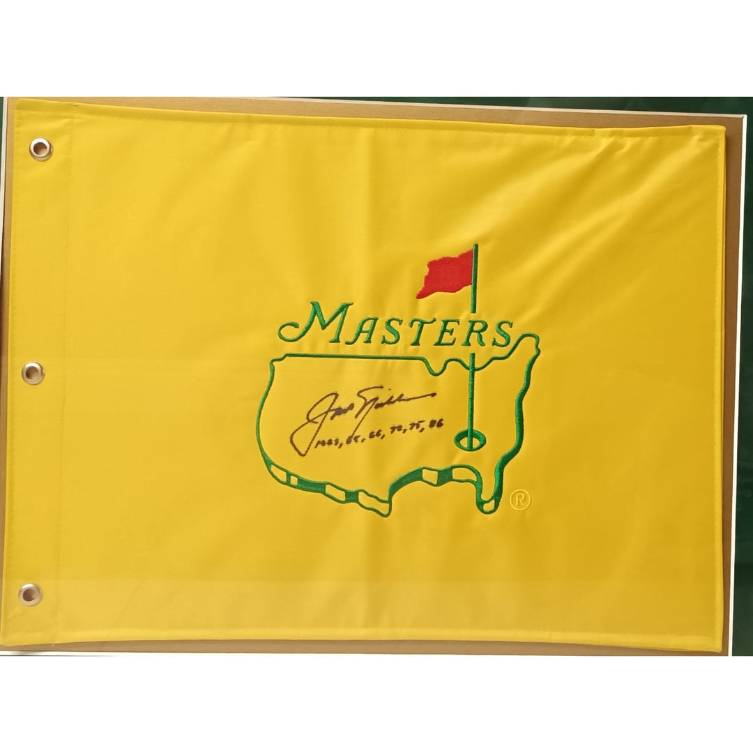 Jack Nicklaus signed and and inscribed with his six Masters championships Master's flag framed with proof