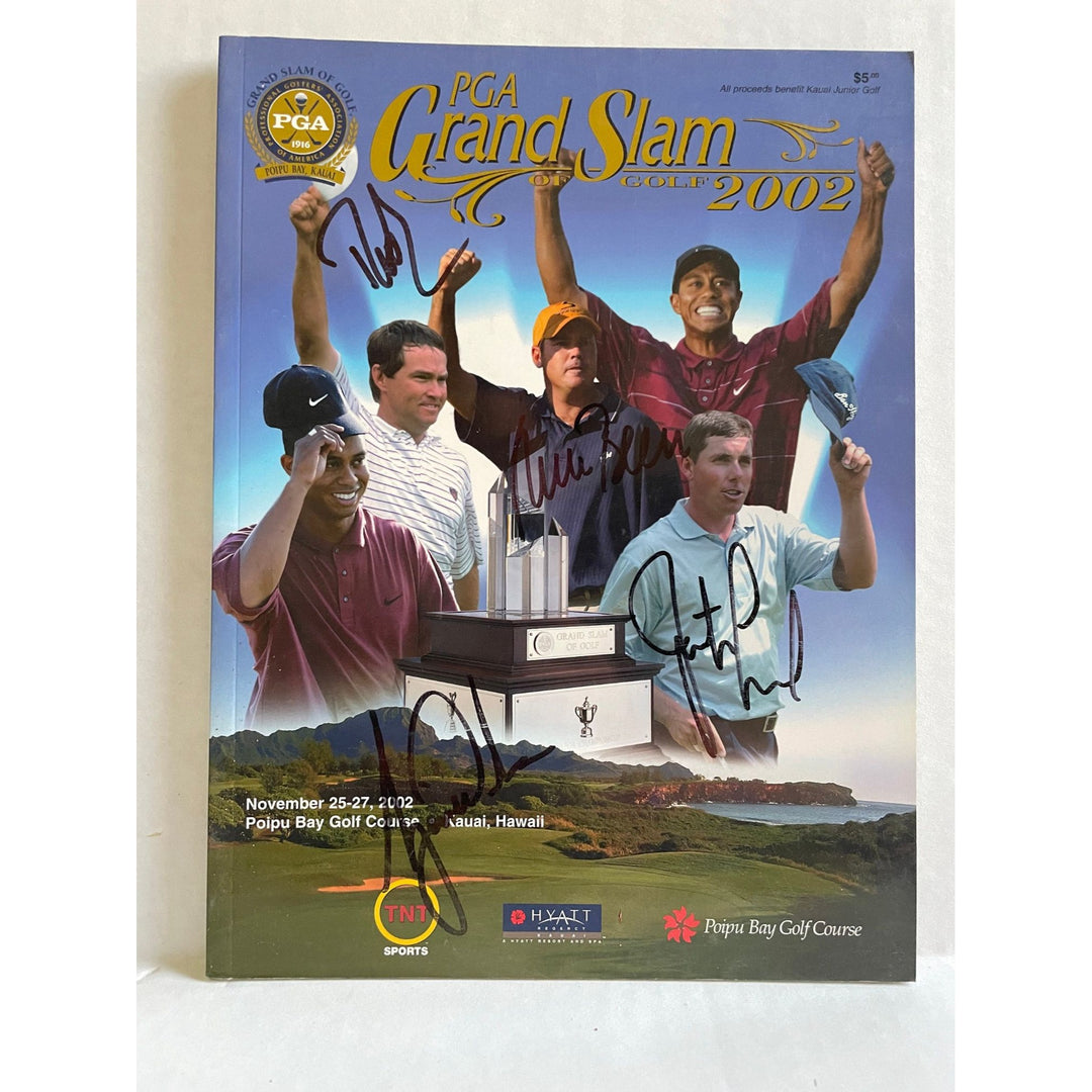 Tiger Woods, Justin Leonard, Davis Love III, Rich Beam Grand Slam of Golf program signed with proof - Awesome Artifacts 