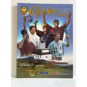 Tiger Woods, Justin Leonard, Davis Love III, Rich Beam Grand Slam of Golf program signed with proof
