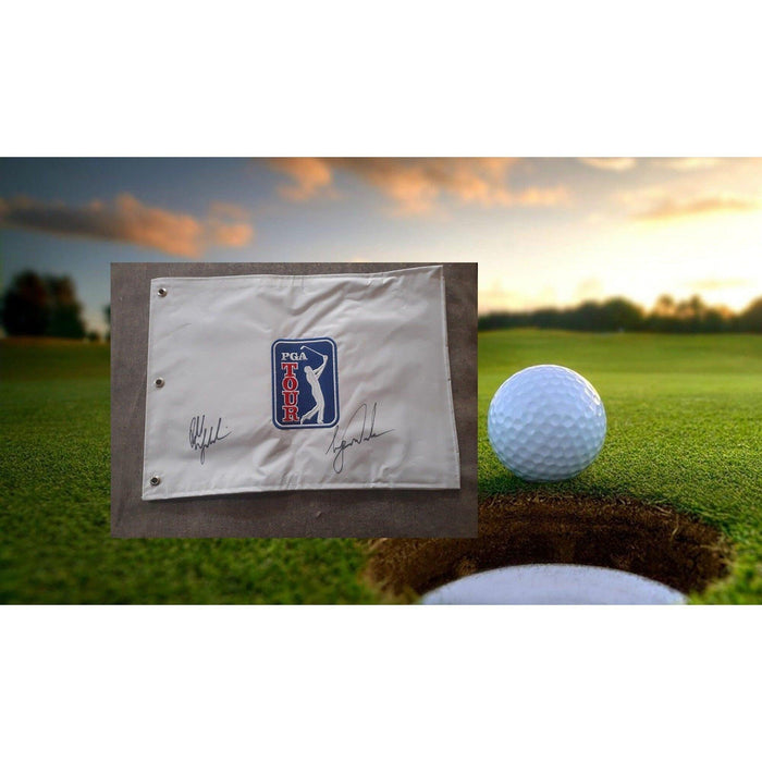 Tiger Woods, Phil Mickelson PGA golf pin flag signed with proof