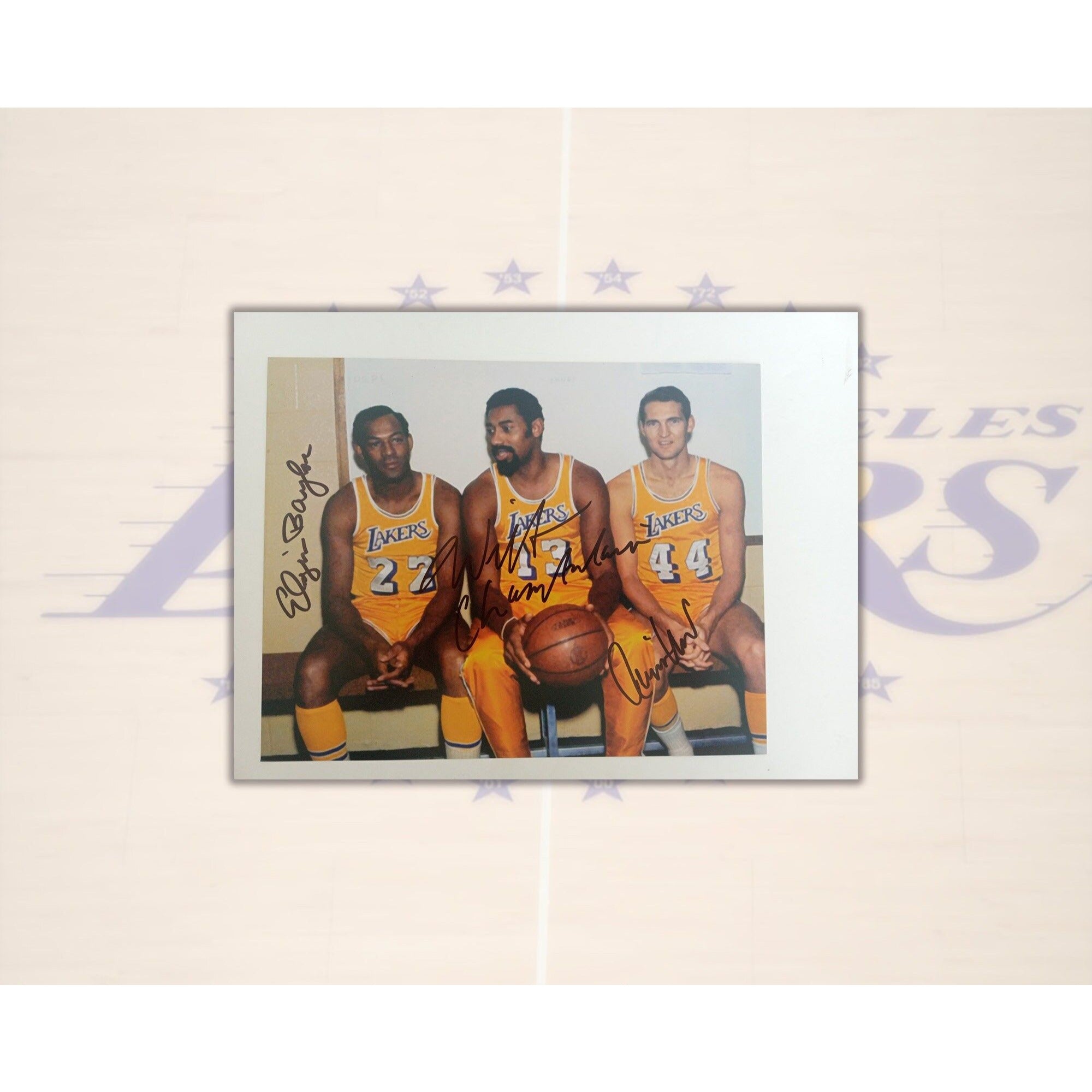 Wilt Chamberlain, Elgin Baylor, Jerry West 8 x 10 signed photo with proof