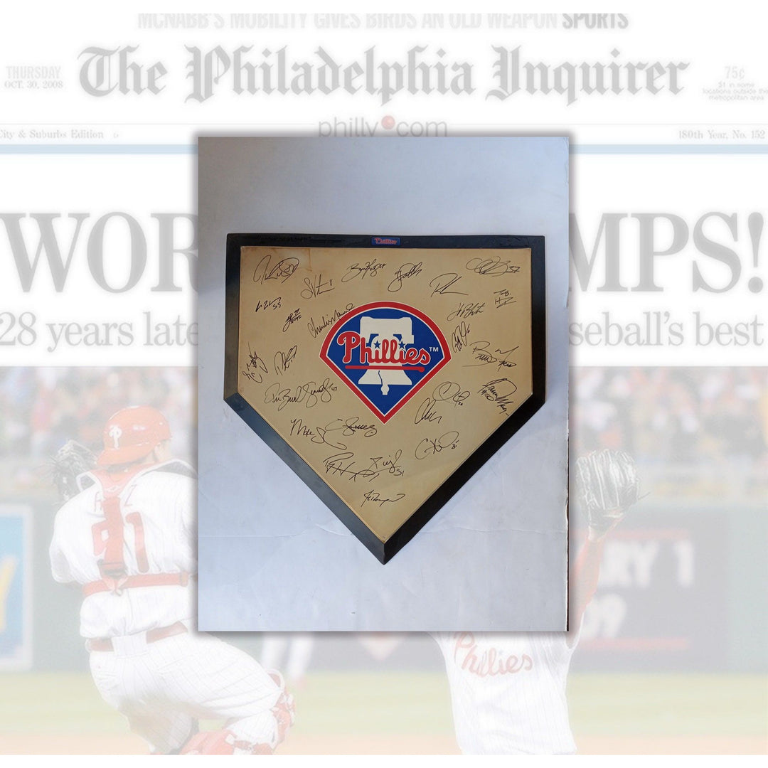 Philadelphia Phillies World Series champions Jimmy Rollins, Ryan Howard, Cole Hamels, full size authentic home plate w logo signed w proof - Awesome Artifacts 