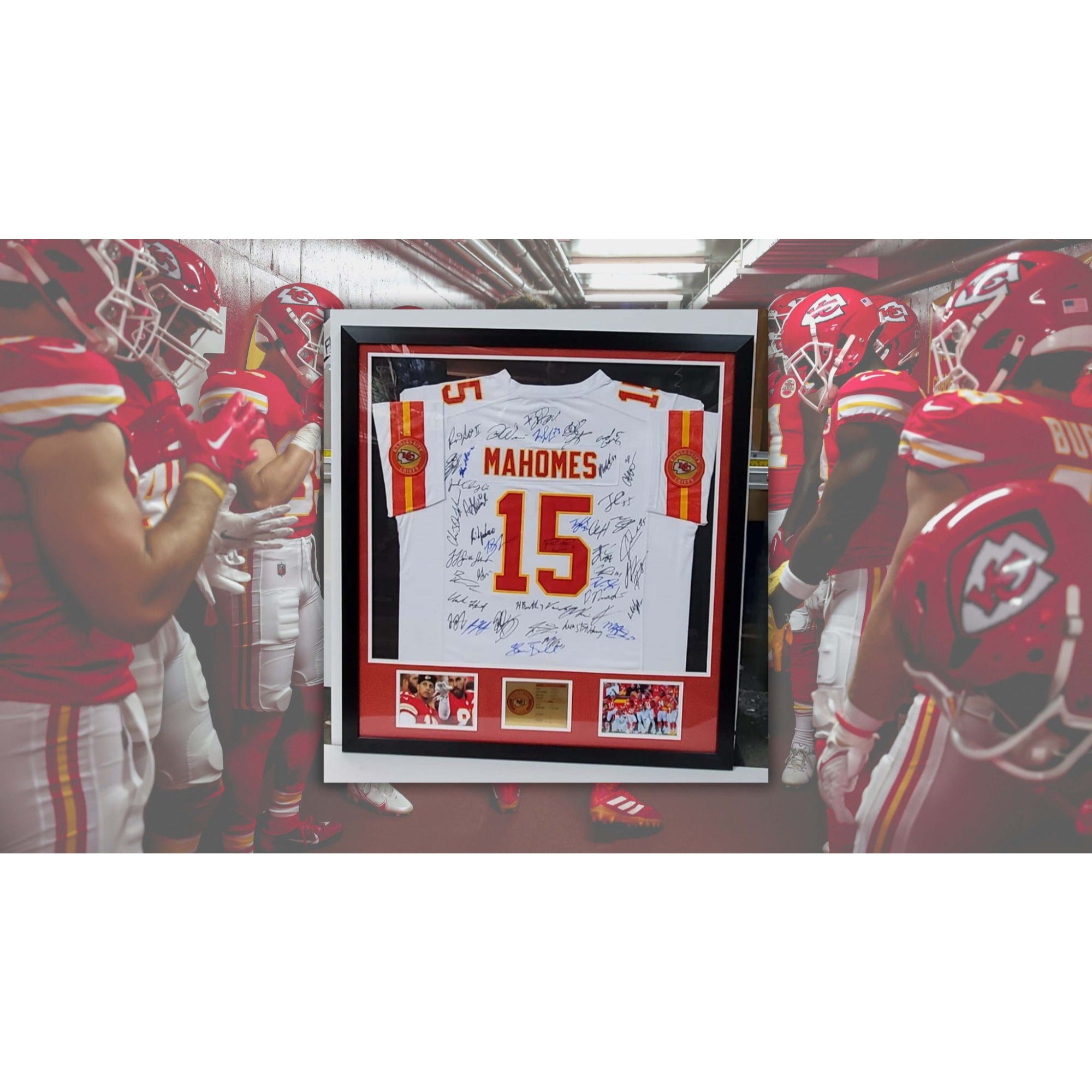 Patrick Mahomes Andy Reid Travis Kelce 2022 team signed and framed jersey signed with proof