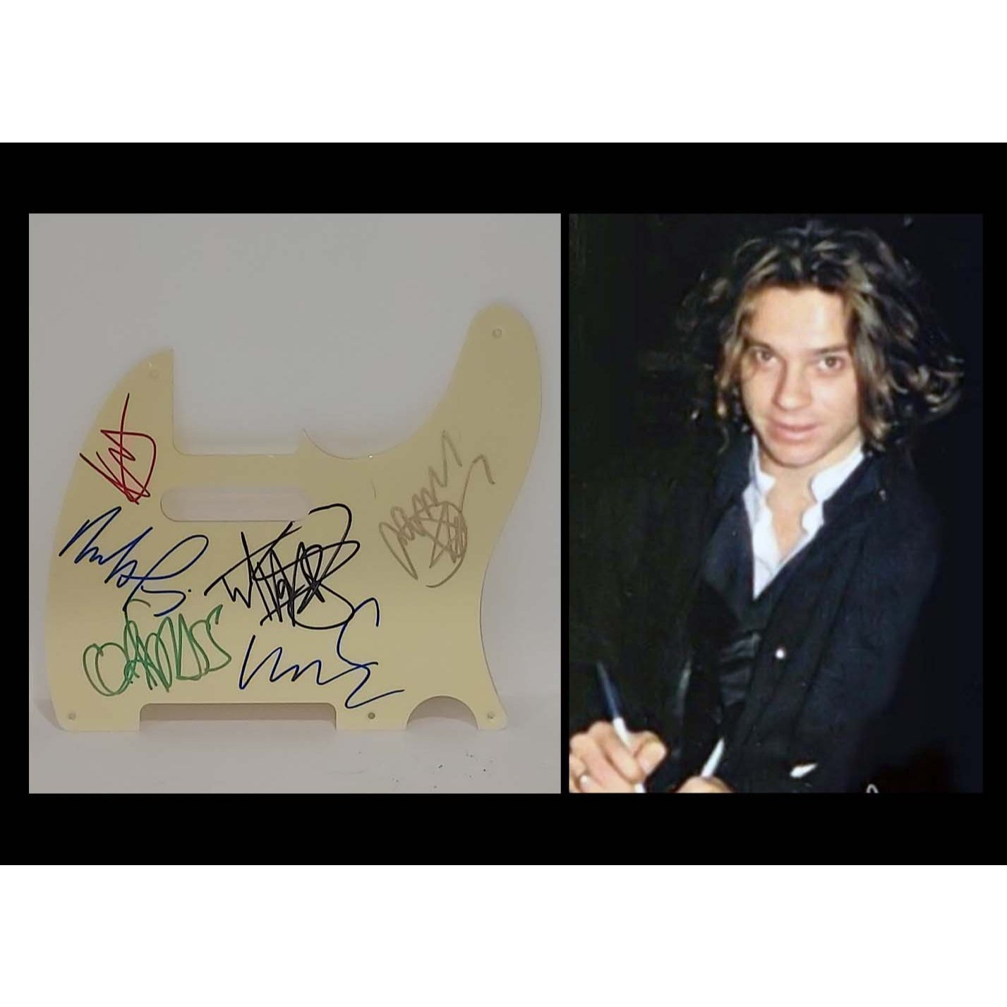 INXS vintage electric guitar pickguard signed with proof Michael Hutchence Andrew Farriss Tim Farriss, John Farris Kirk Pengilly, and Gary G