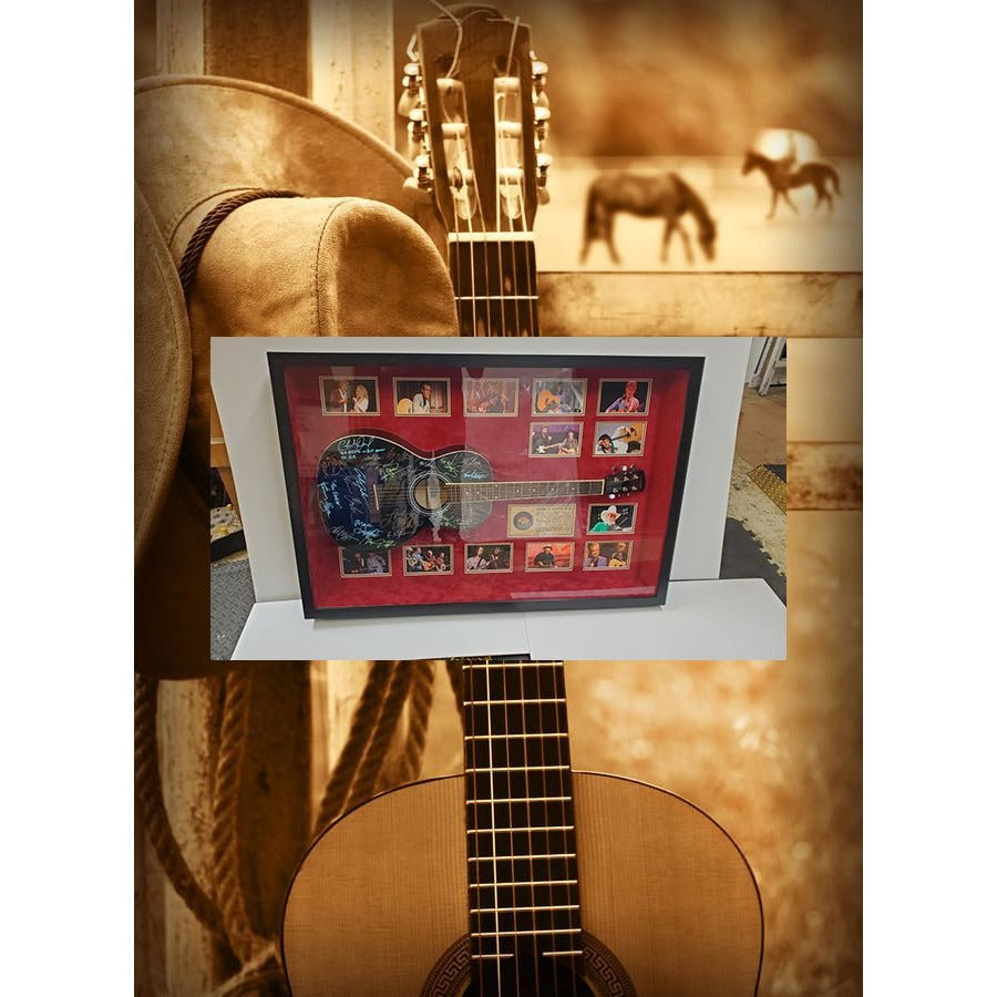 Charlie Daniels, Johnny Cash, Willie Nelson, Kenny Rogers, Waylon Jennings country legends framed guitar signed with proof