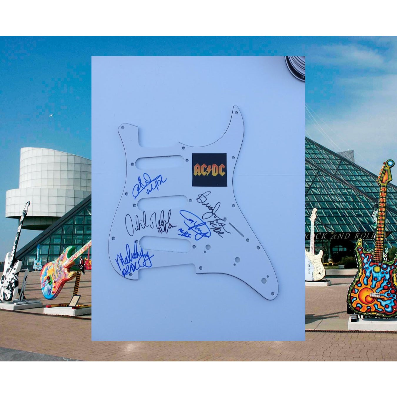 AC/DC Angus Young, Malcolm Young, Brian Johnson, Phil Rudd, Cliff Williams  pick guard signed