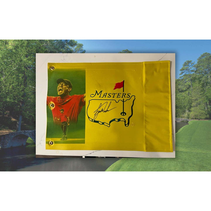 Tiger Woods portrait Masters one-of-a-kind flag signed with proof