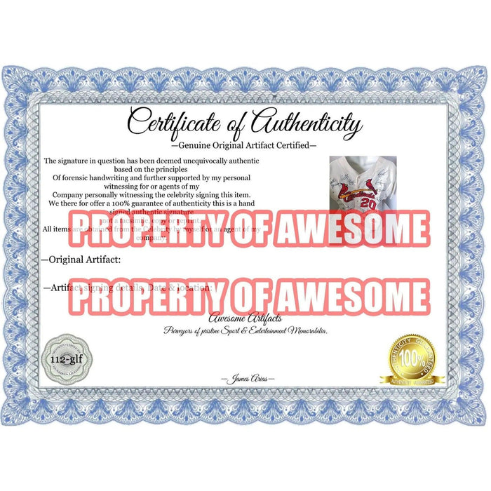 Certificate of Authenticity for St. Louis Cardinals Lou Brock, Bob Gibson Stan Musial all-time greats signed jersey with proof