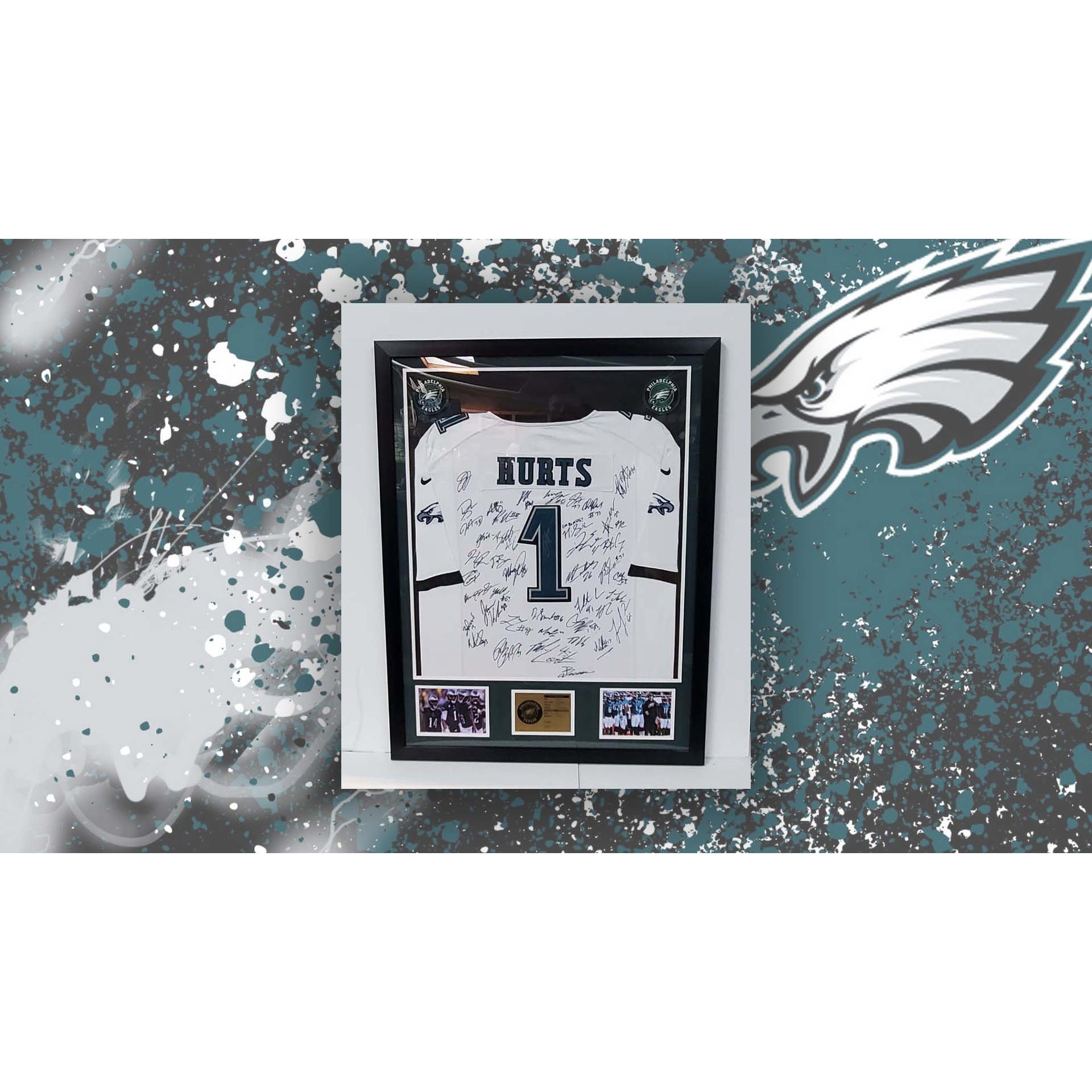 Philadelphia Eagles 2022-23 Jalen Hurts Boston Scott Davanta Smith AJ Brown authentic game model Jersey team signed and framed with proof