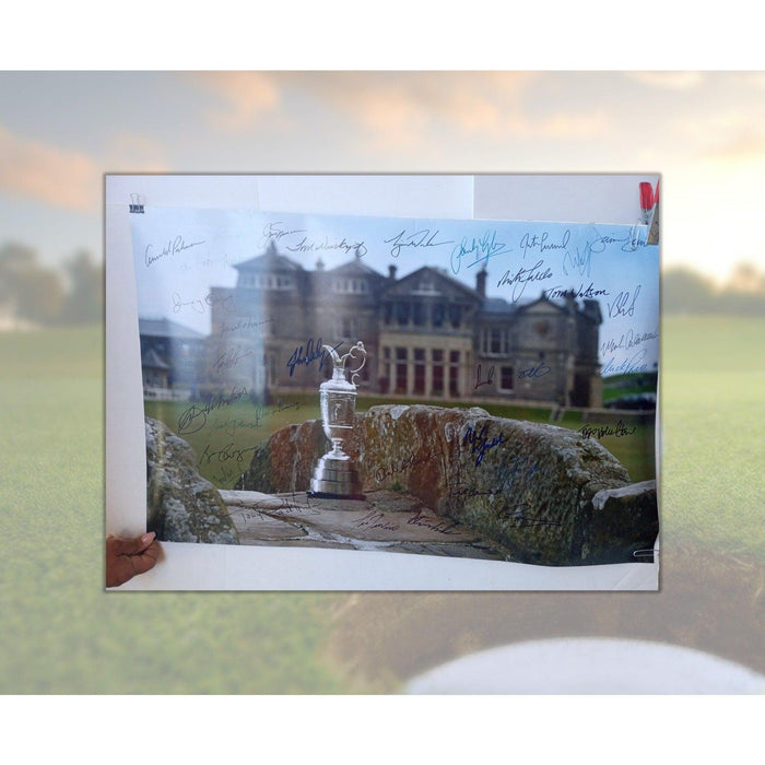 The Open 20 by 30 photo signed by Arnold Palmer, Jack Nicklaus, Tiger Woods with proof