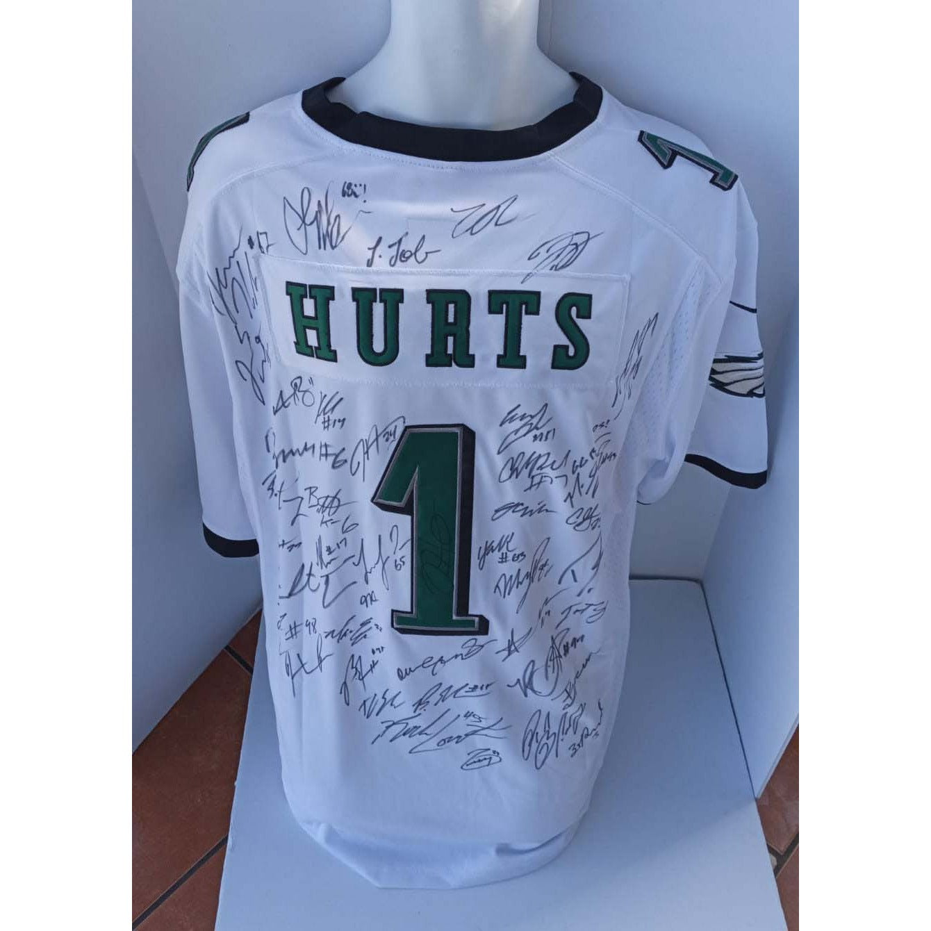 Awesome Artifacts Philadelphia Eagles 2022-23 Jalen Hurts, A.J. Brown, DeVonta Smith Team Signed Official Jalen Hurts Jersey with Proof by Awesome Artifact