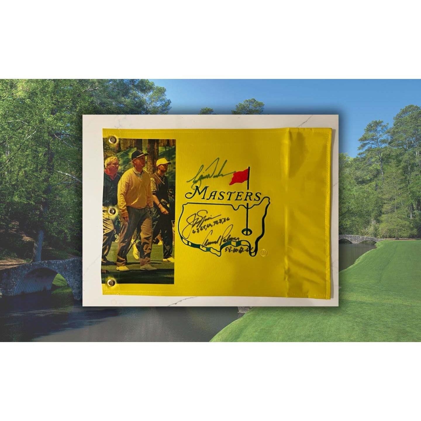 Tiger Woods Arnold Palmer Jack Nicklaus Masters one-of-a-kind golf flag signed with proof