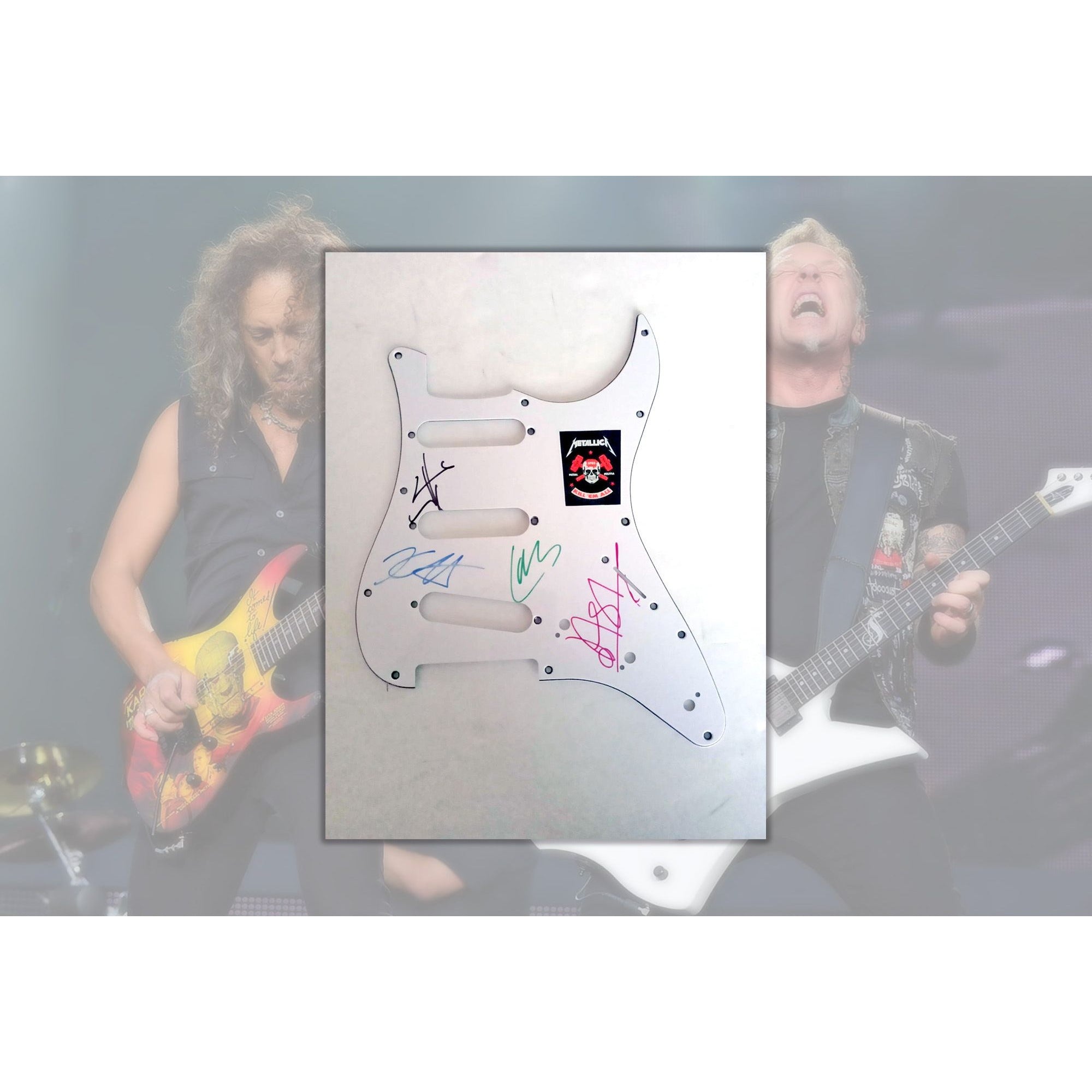 Metallica James Hetfield, Lars Ulrich, Jason Newsted, Kirk Hammett electric guitar pickguard signed with proof