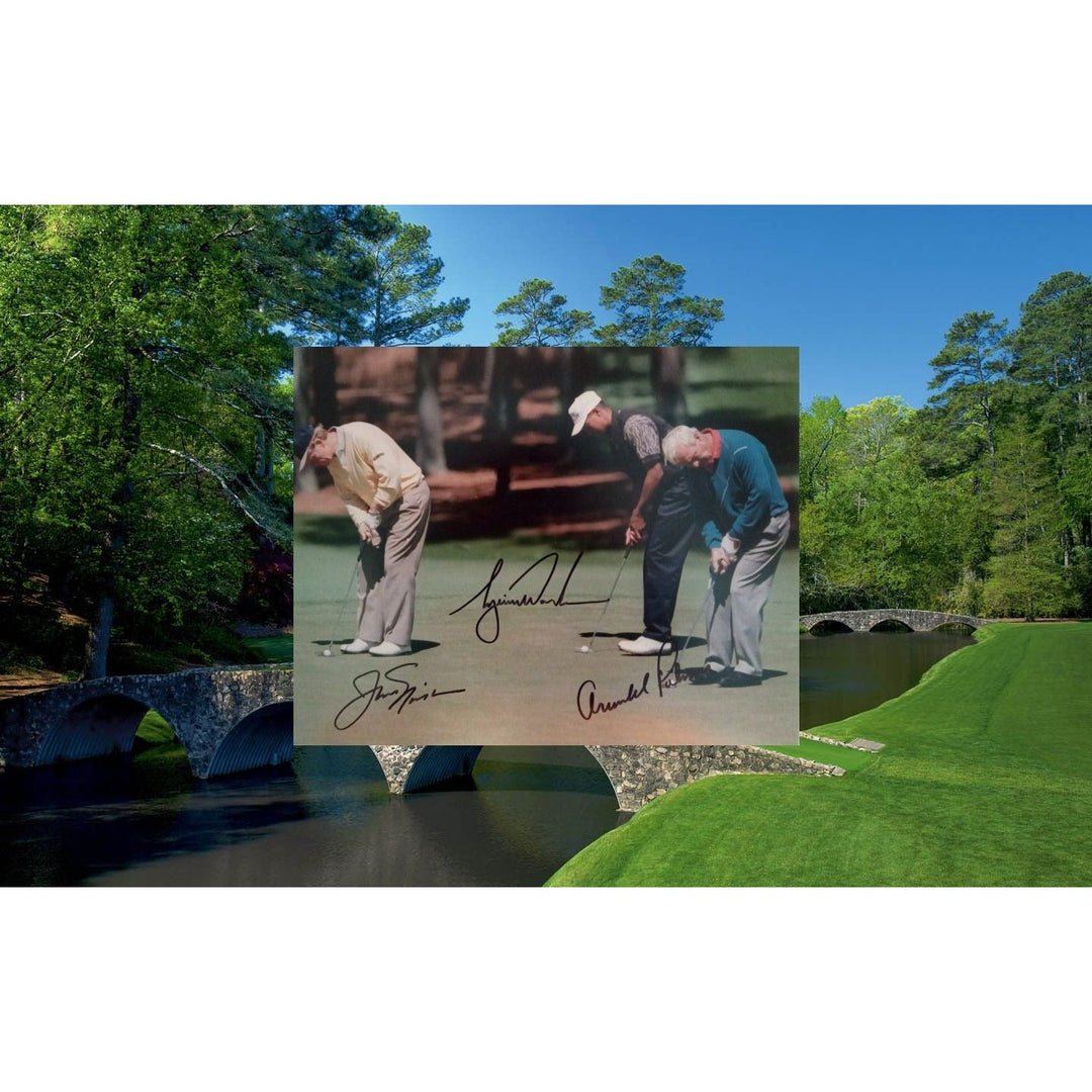 Jack Nicklaus Tiger Woods Arnold Palmer signed 8 by 10 with proof