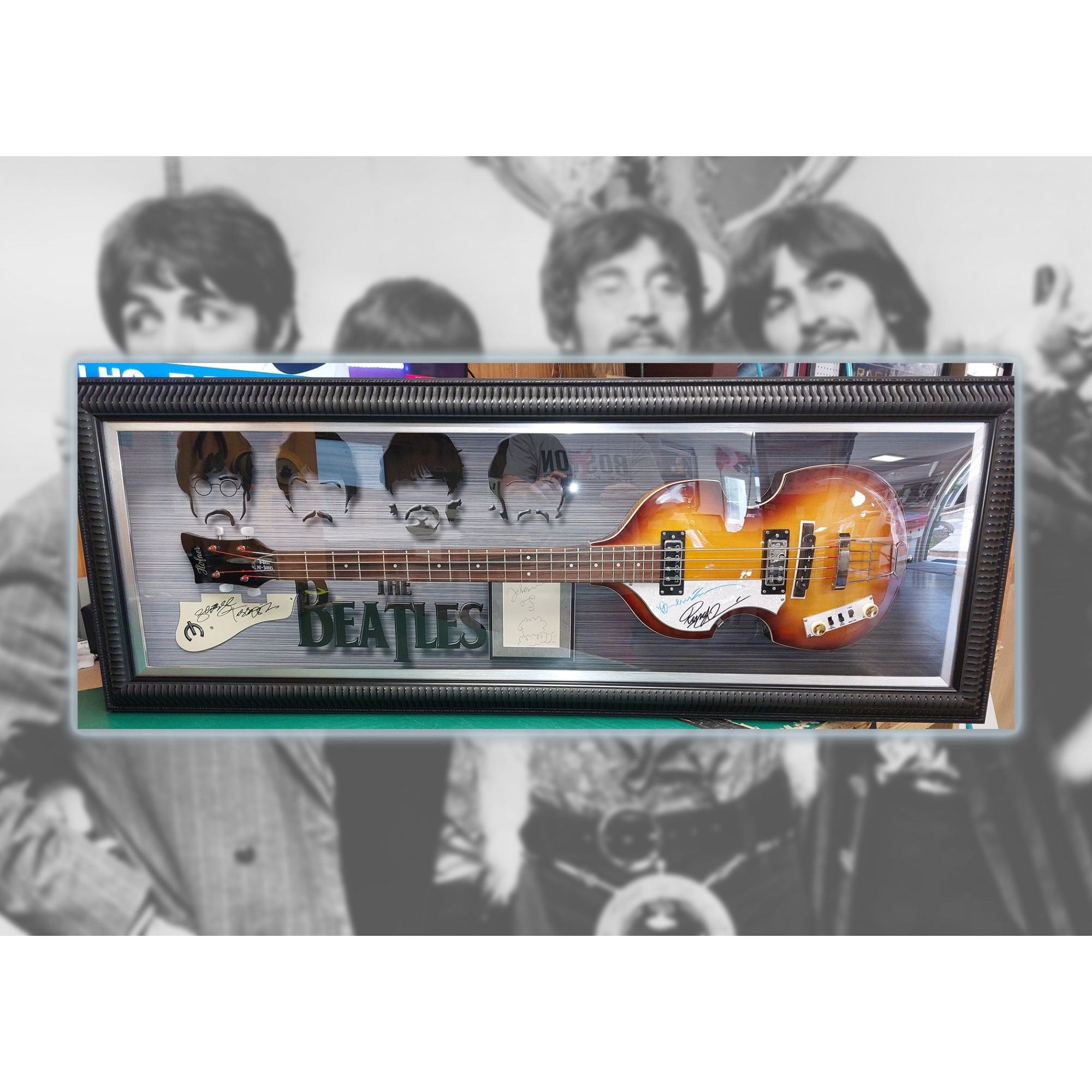 The Beatles Paul McCartney John Lennon George Harrison Ringo Starr signed and framed 20x53 guitar with proof