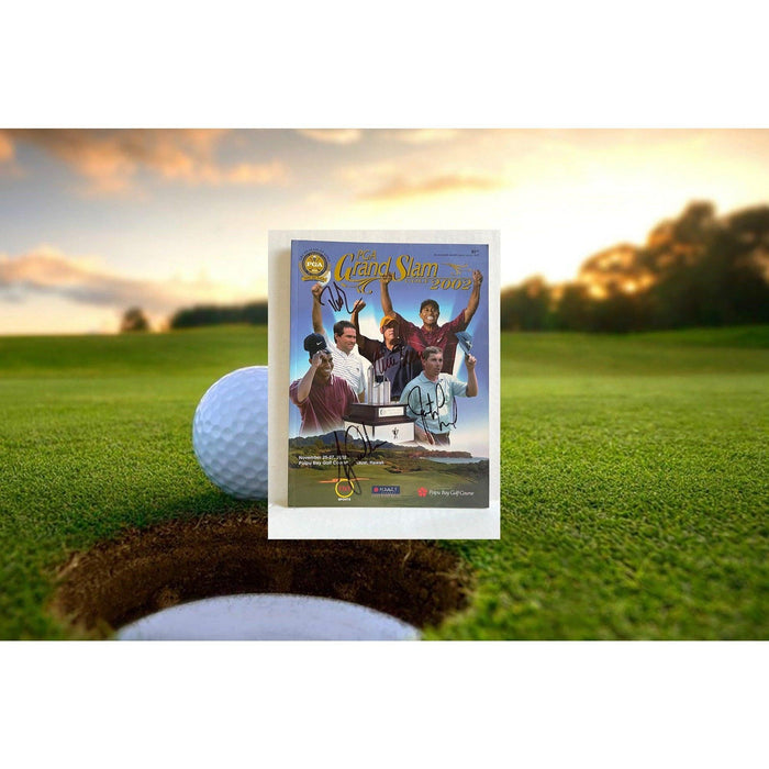 Tiger Woods, Justin Leonard, Davis Love III, Rich Beam Grand Slam of Golf program signed with proof