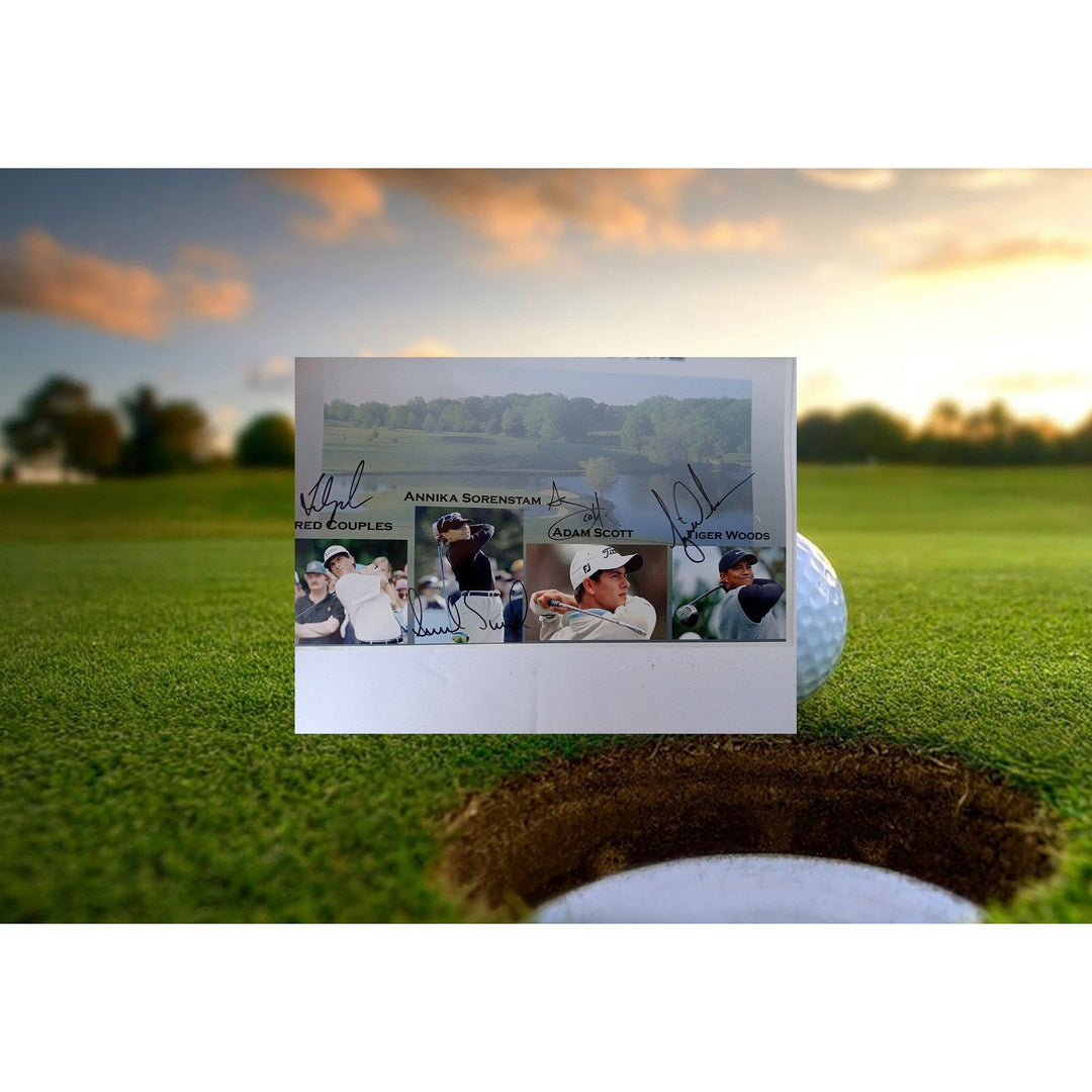 Tiger Woods, Annika Sorenstam, Adam Scott and Fred Couples 11 x 17 signed photo with proof - Awesome Artifacts 