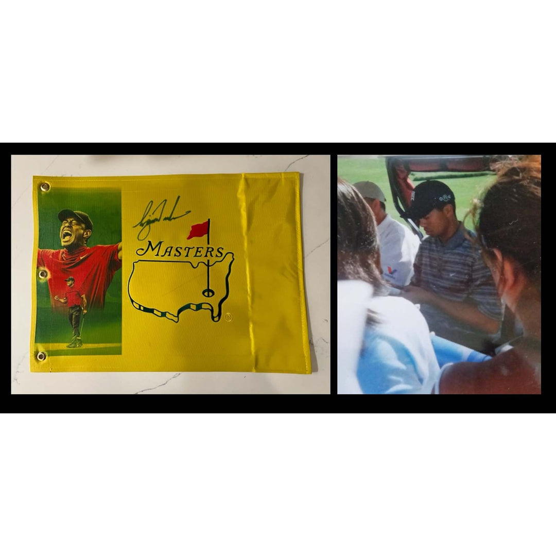 Tiger Woods portrait Masters one-of-a-kind flag signed with proof