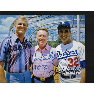Don Drysdale, Vin Scully and Sandy Koufax 8 by 10 signed photo with proof