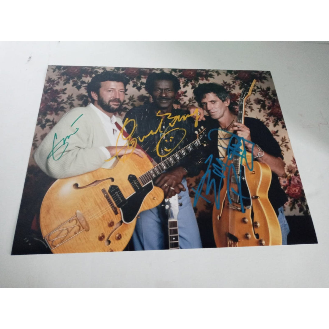 Chuck Berry Keith Richards and Eric Clapton 11 by 14 sign photo with proof