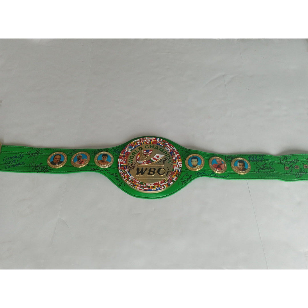 Muhammad Ali, Floyd Mayweather Jr., Marvin Hagler 25 boxing Legend signed belt with proof - Awesome Artifacts 