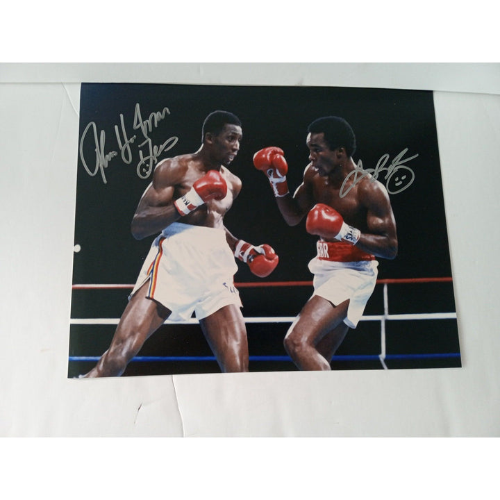 Sugar Ray Leonard and Thomas Hearns 11 by 14 photo signed with proof - Awesome Artifacts 