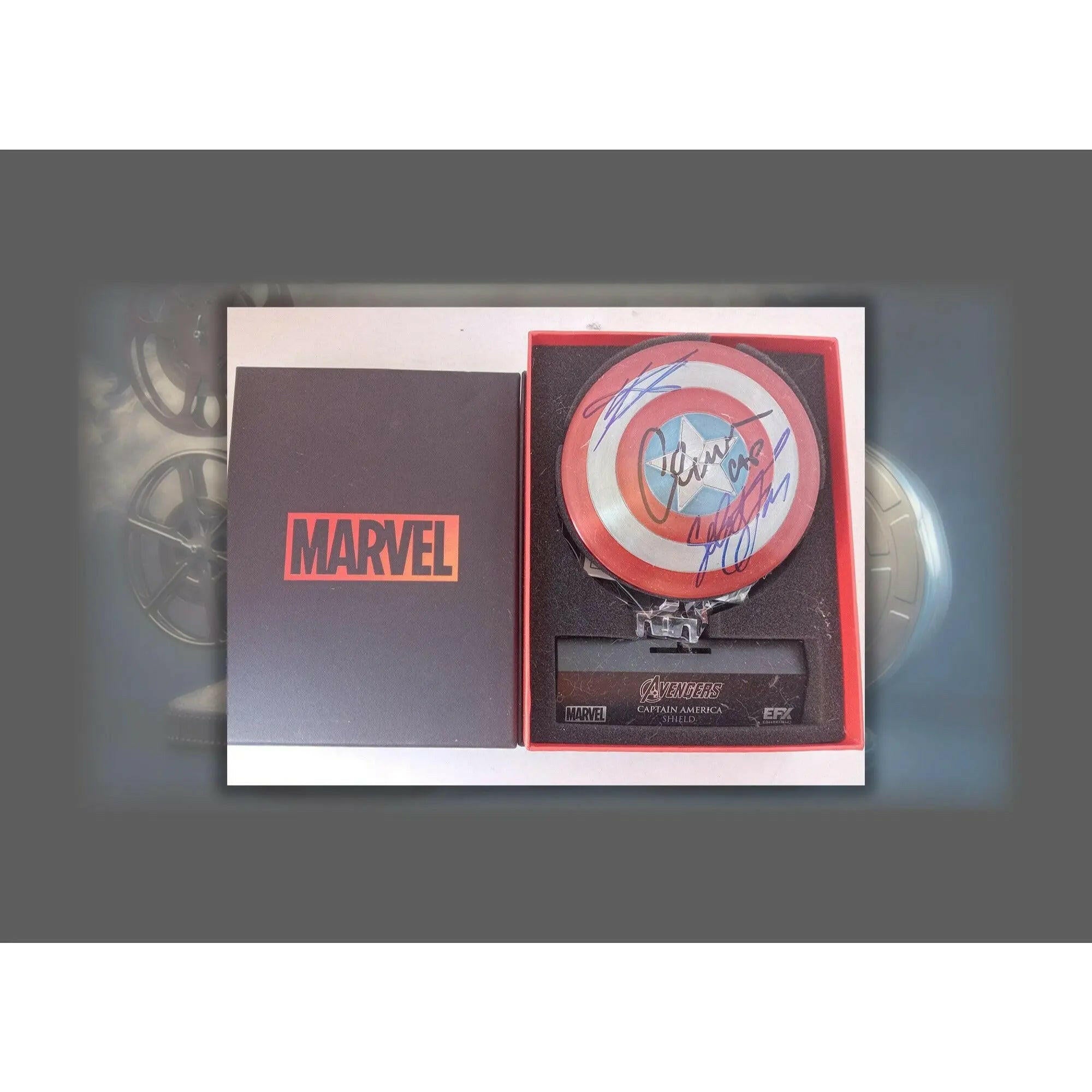Chris Evans, Anthony Mackie, Sebastian Stan, Captain America mini Shield signed with proof