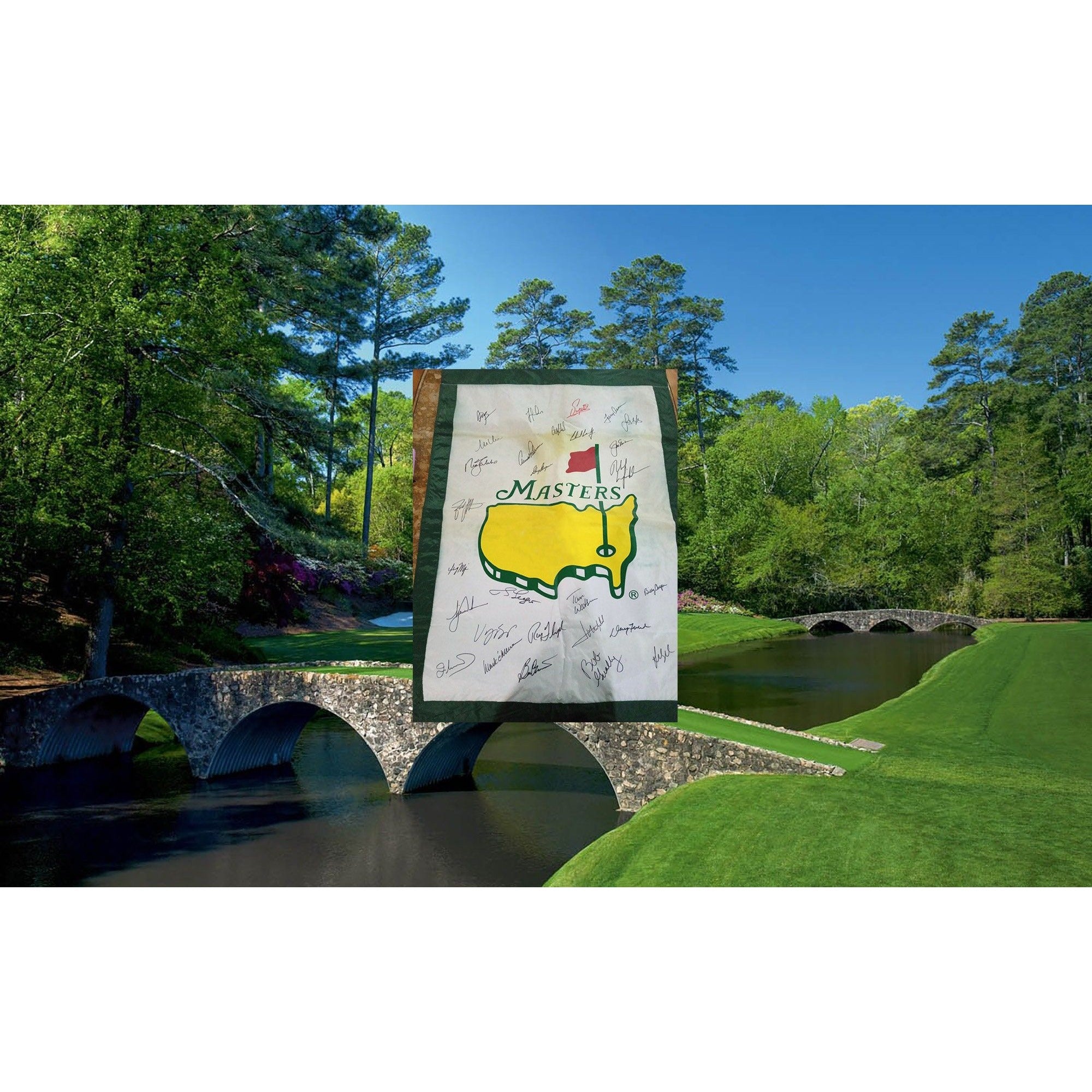 Tiger Woods, Jack Nicklaus, Phil Mickelson signed Masters golf banner with proof