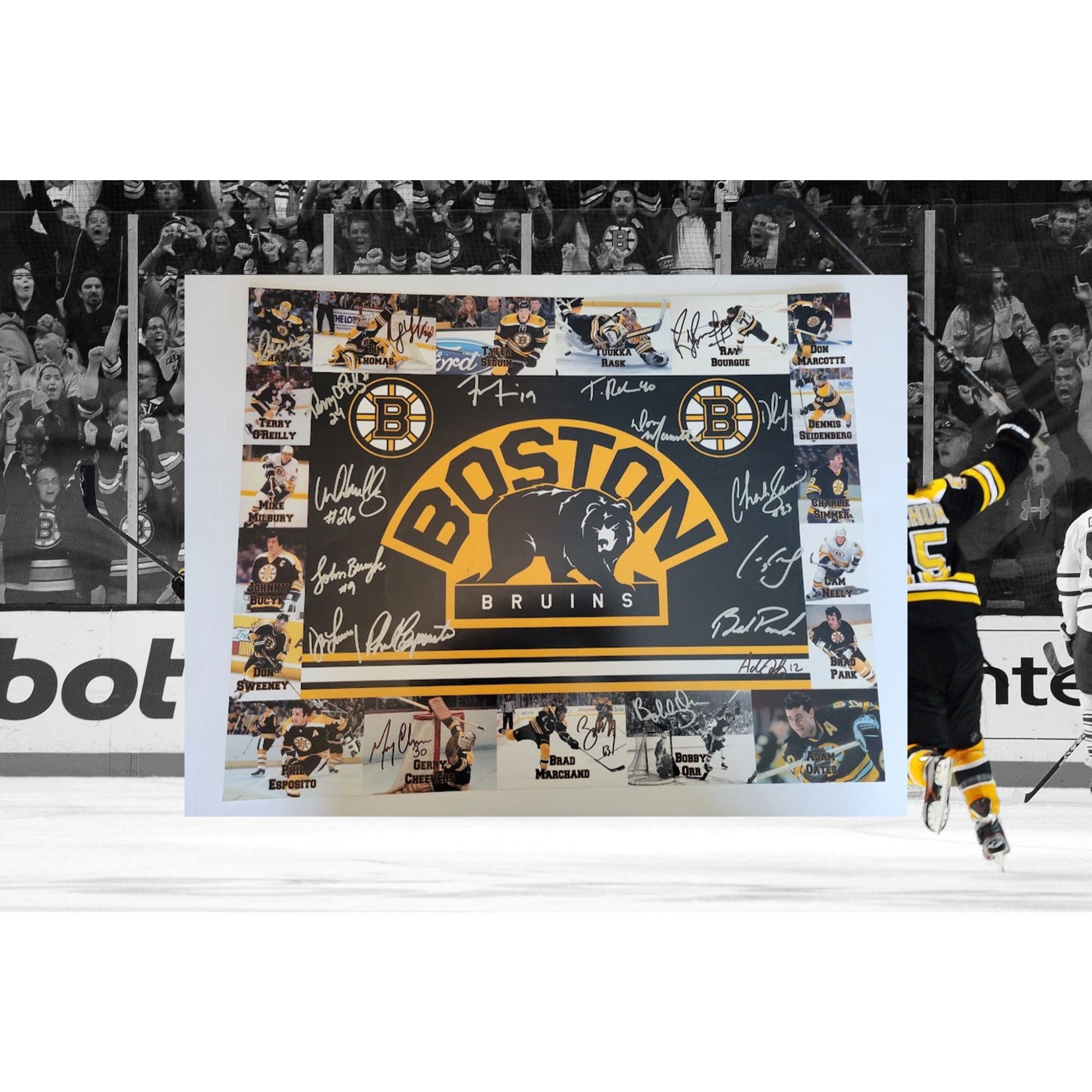 Boston Bruins Phil Esposito Gerry Cheevers Brad Marchand card Bobby Orr Brad Park Ray Bourque 19 all-time greats 16 x 20 photo signed