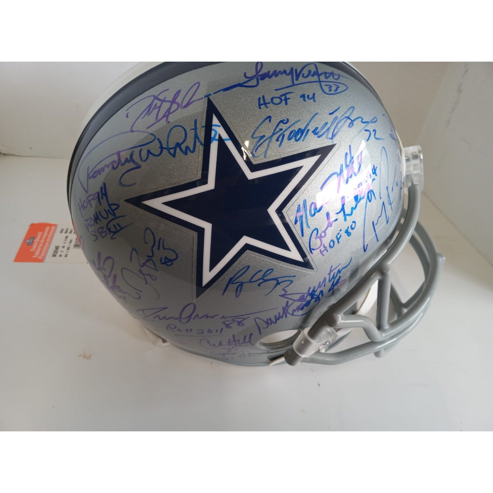 Dallas Cowboys Emmitt Smith Roger Staubach Tony Romo 25 all-time greats signed helmet with proof