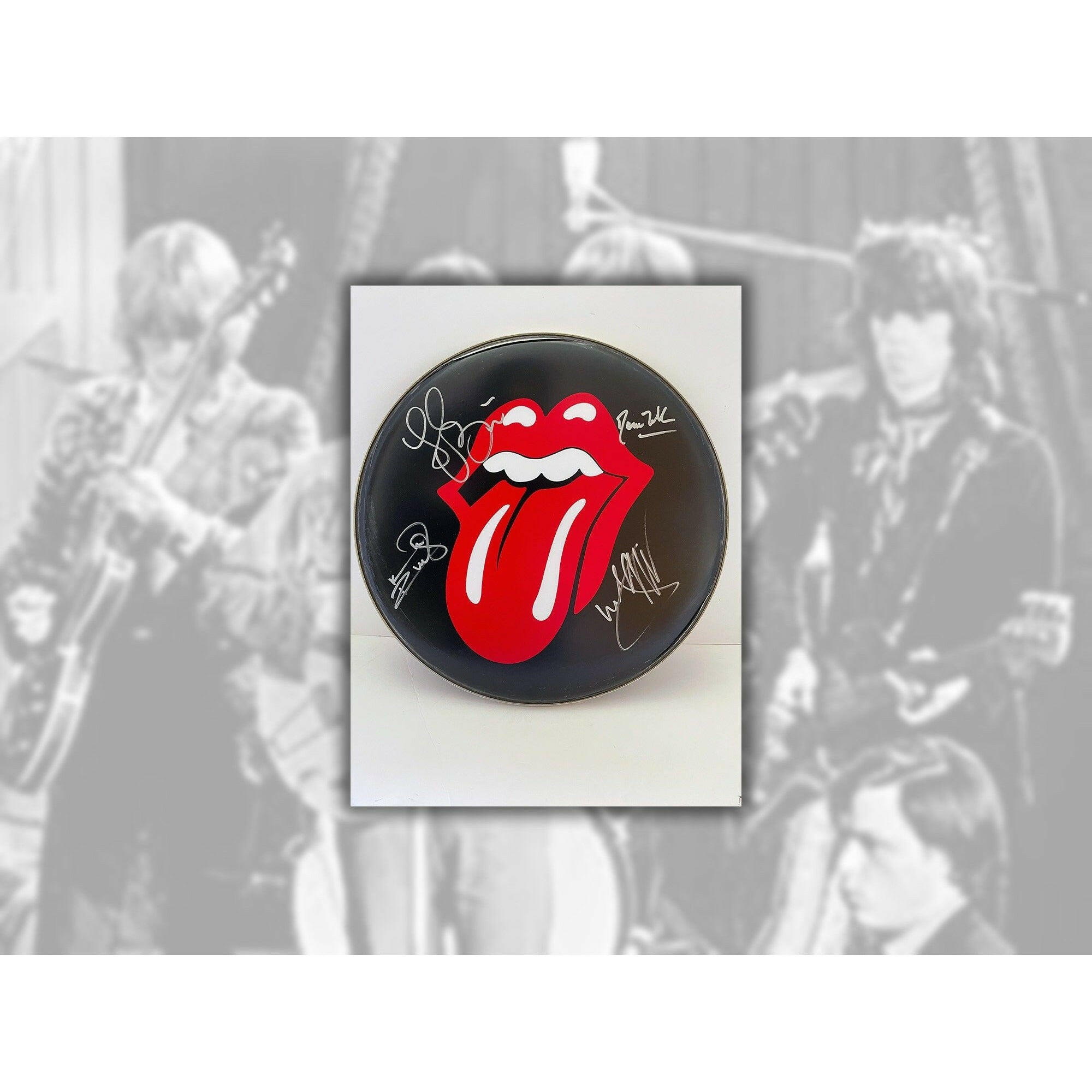 Bill Wyman Mick Jagger Keith Richards Ronnie Wood and Charlie Watts 14 inch drum head signed with proof