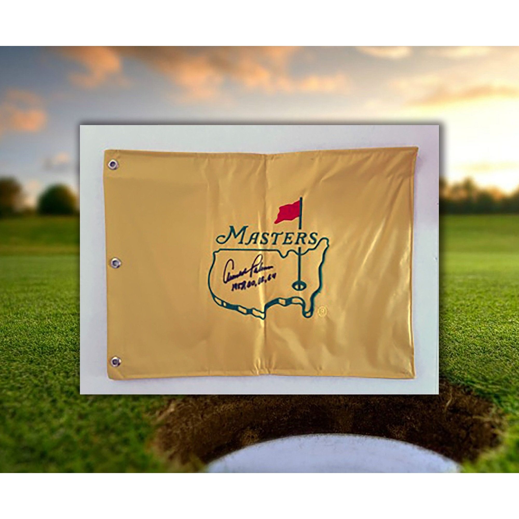 Arnold Palmer Masters pin flag signed and inscribed with proof