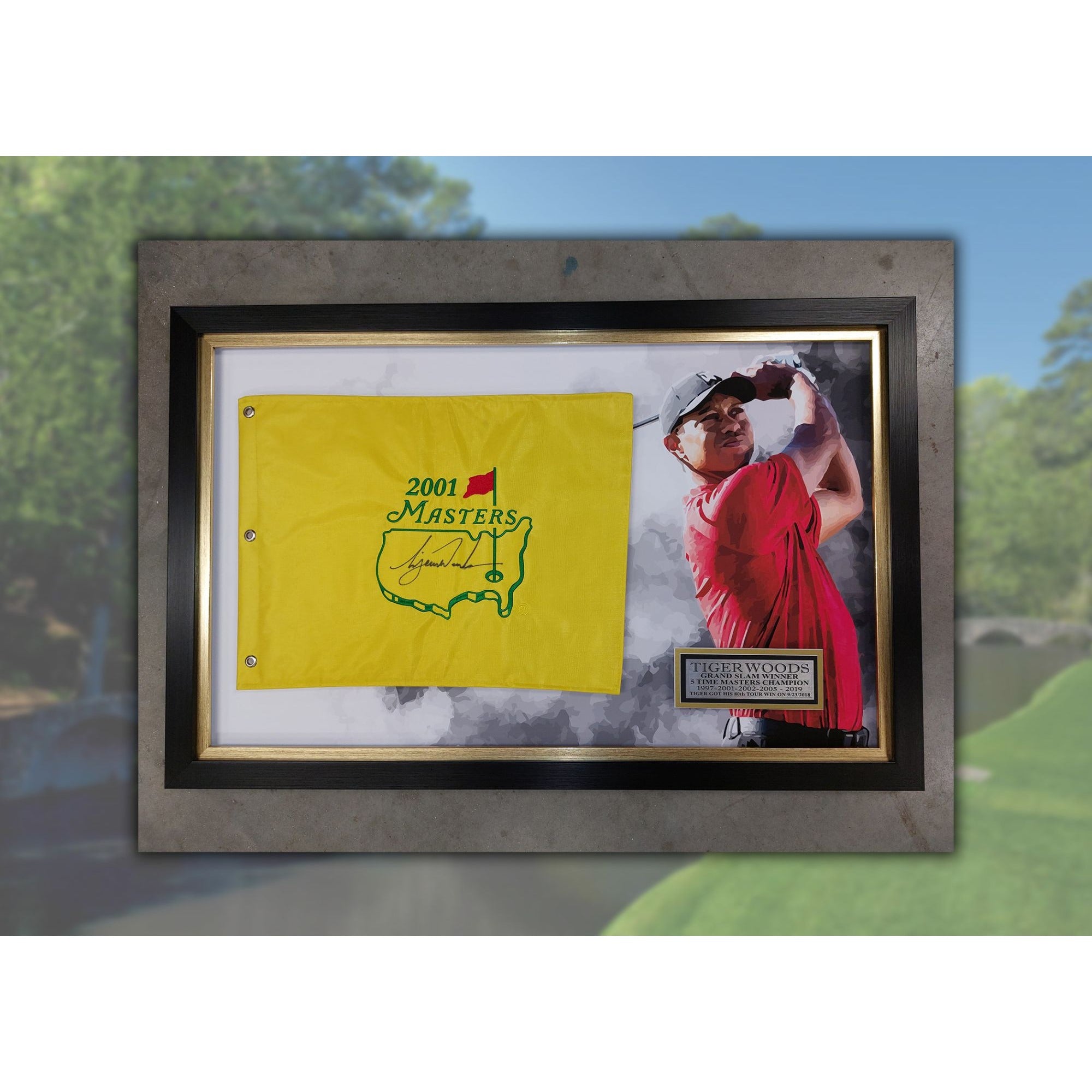 Tiger Woods 2001 Masters Golf Pin Flag signed and framed with proof