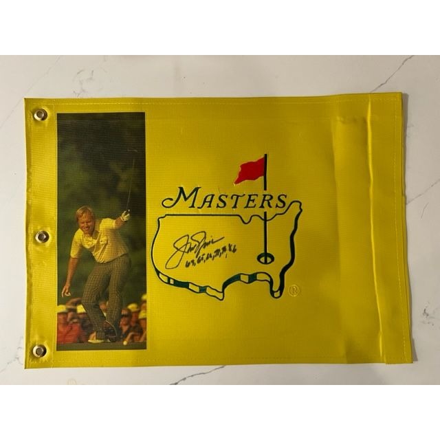 Jack Nicklaus the Golden Bear signed and inscribed Masters pin flag with proof