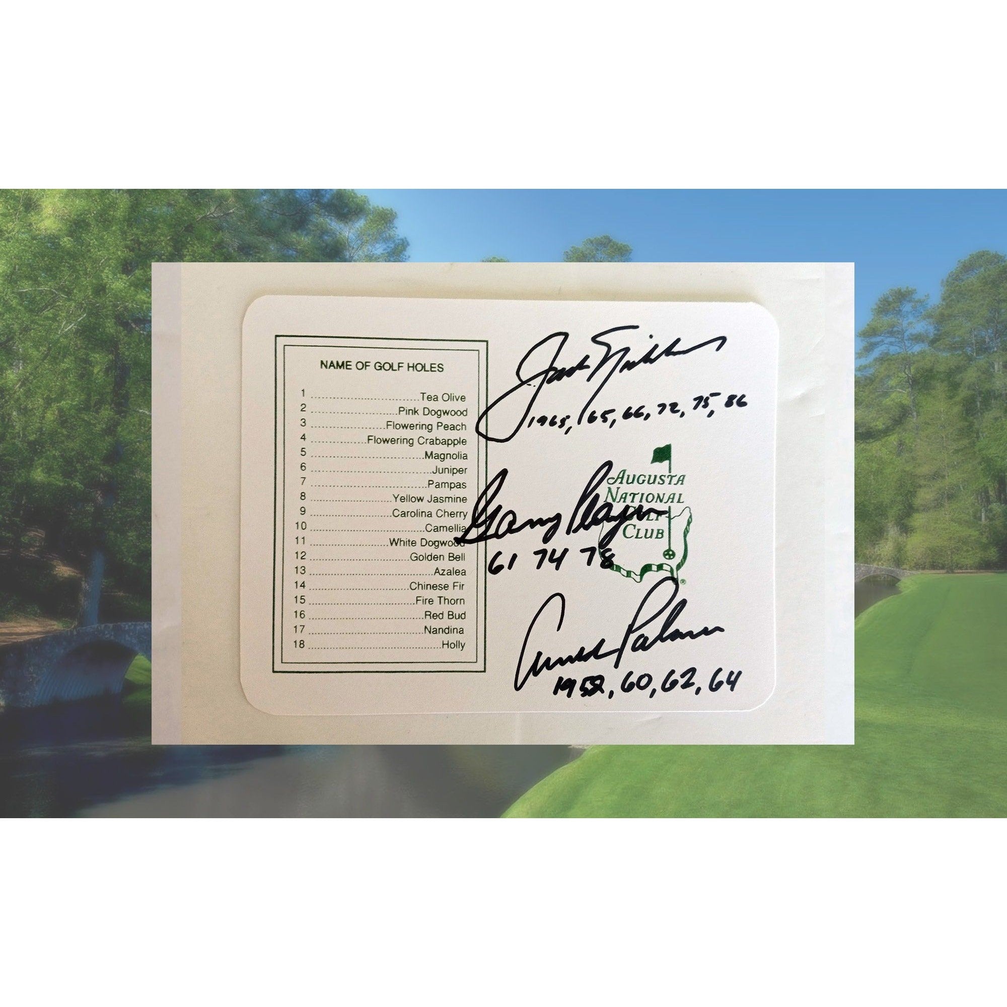 Arnold Palmer, Jack Nicklaus and Gary Player scorecard signed with proof