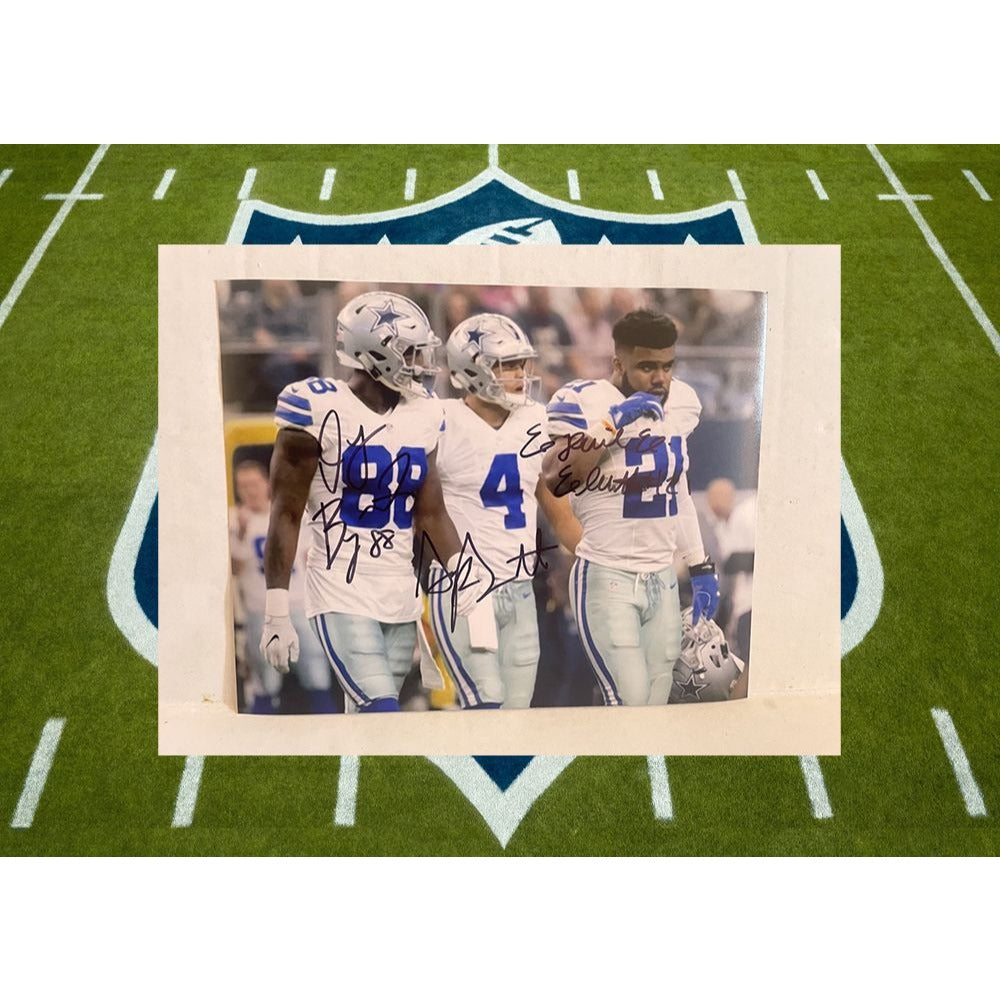 Dallas Cowboys Dak Prescott Ezekiel Elliott Dez Bryant 8x10 photo signed