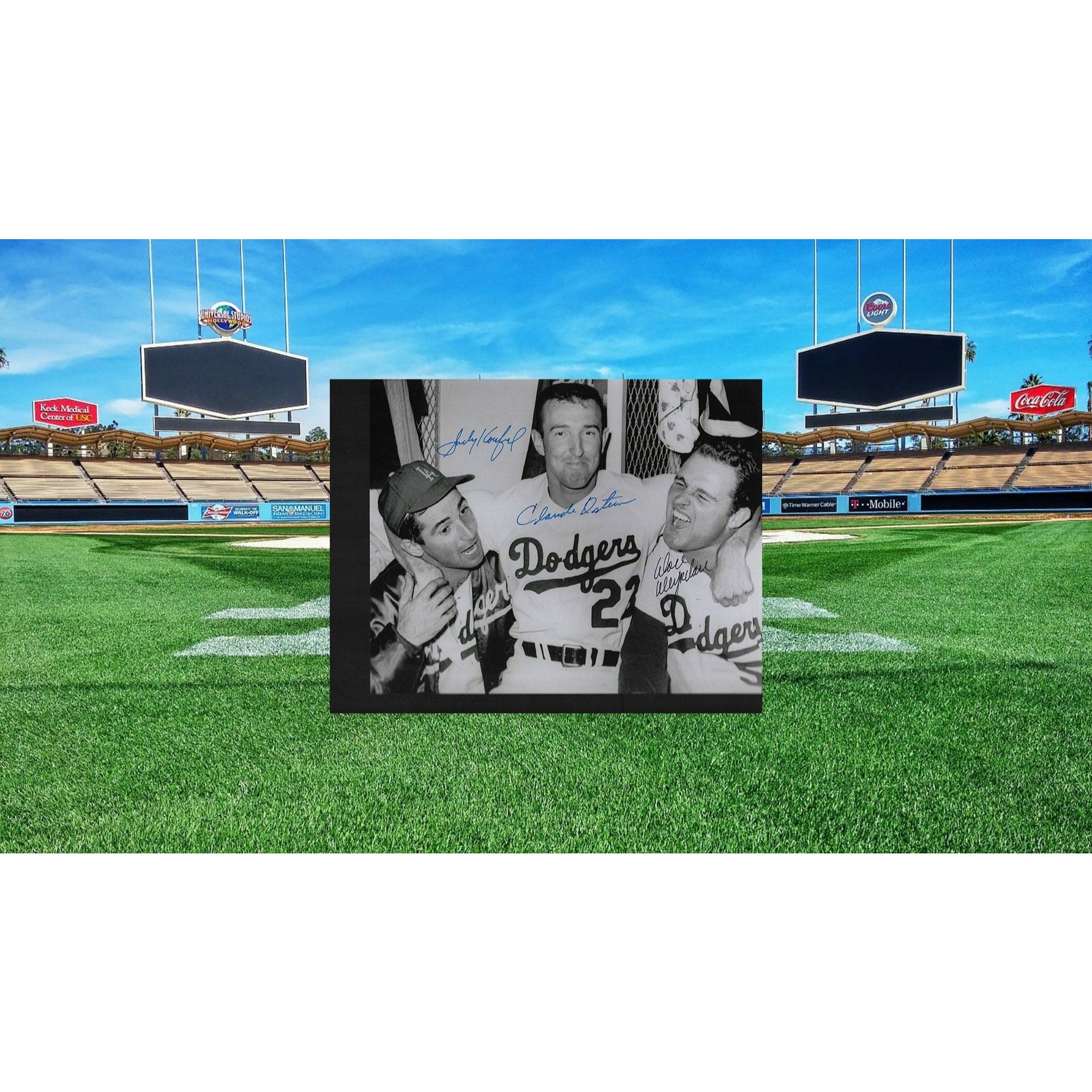 Sandy Koufax, Cloud Osteen and Don Drysdale 8 by 10 signed photo